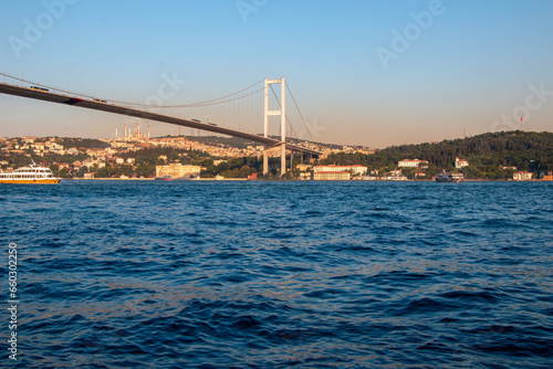 Istanbul Bosphorus Bridge or 15 July Martyrs Bridge on a sunny summer day with the deep blue sea