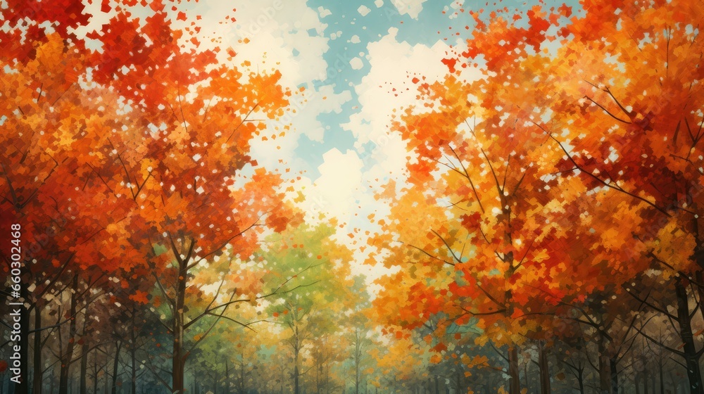 Trees shed their emerald attire, revealing a kaleidoscope of reds and yellows. Falling leaves natural background.
