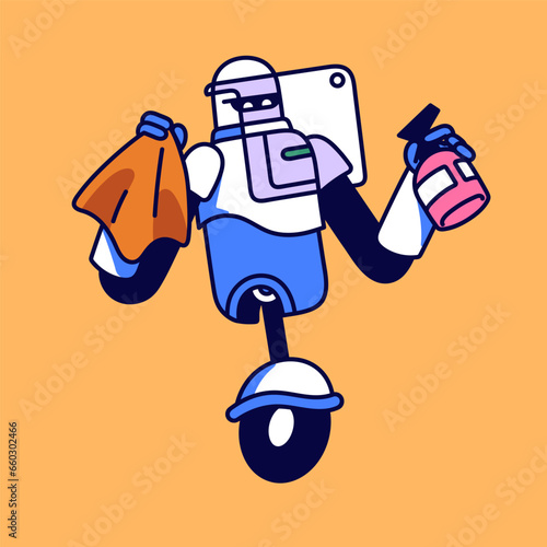 House cleaning service. Robot cleaner with detergent do cleanup. Machine servant clean home. Cyborg maid helper washing window. Housekeeping, housework with AI. Flat isolated vector illustration