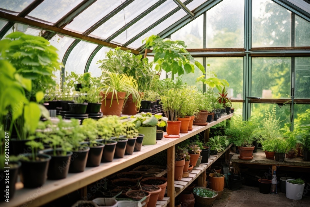 a home greenhouse filled with young plants in pots