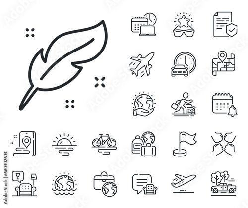 Calligraphy nib sign. Plane jet, travel map and baggage claim outline icons. Feather quill pen line icon. Lightweight symbol. Feather line sign. Car rental, taxi transport icon. Place location. Vector