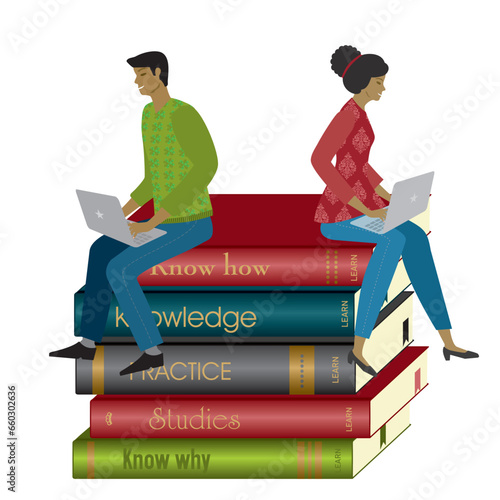 Man and woman sitting with laptops on books. Isolated. Study, reading,education. Vector illustration.