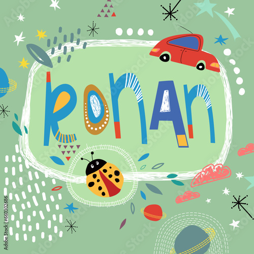 Bright card with beautiful name Ronan in planets, car and simple forms. Awesome male name design in bright colors. Tremendous vector background for fabulous designs