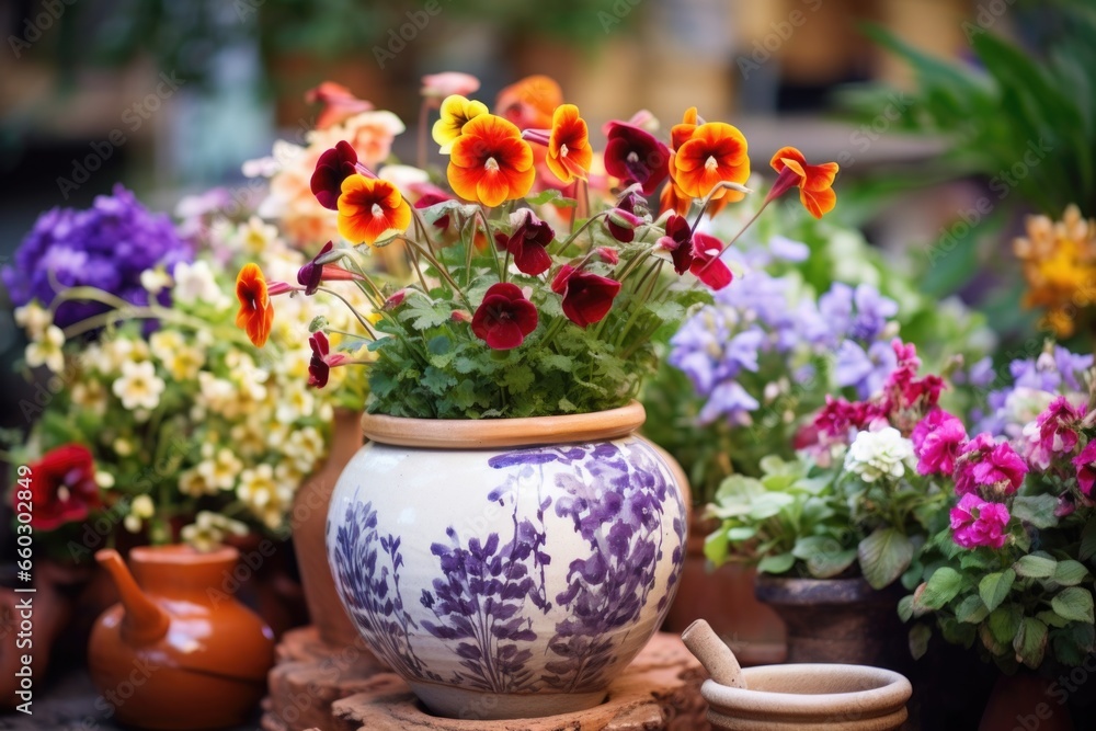 decorative ceramic pot amidst flowers