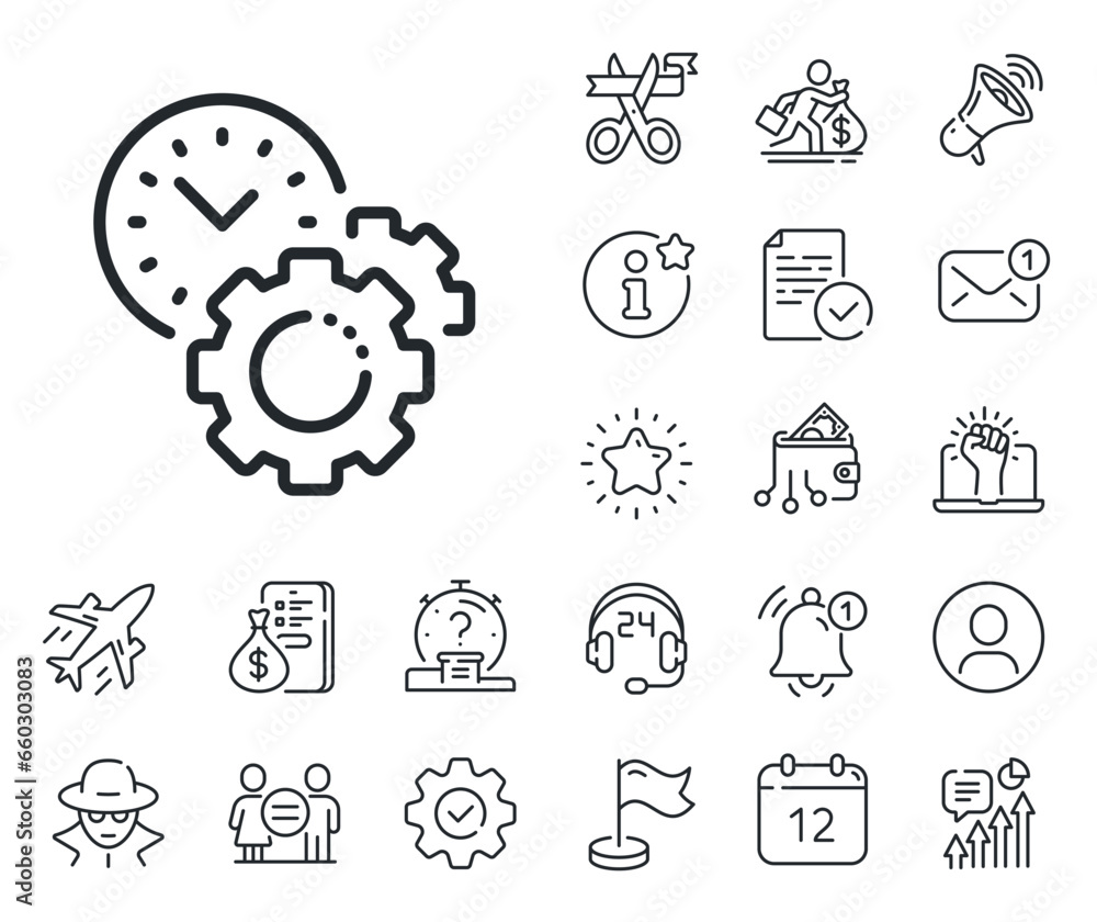 Clock sign. Salaryman, gender equality and alert bell outline icons. Time management line icon. Gear symbol. Time management line sign. Spy or profile placeholder icon. Online support, strike. Vector