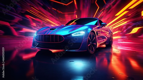 Sport car with illuminated neon lights on a dark background. AI generated image © prastiwi