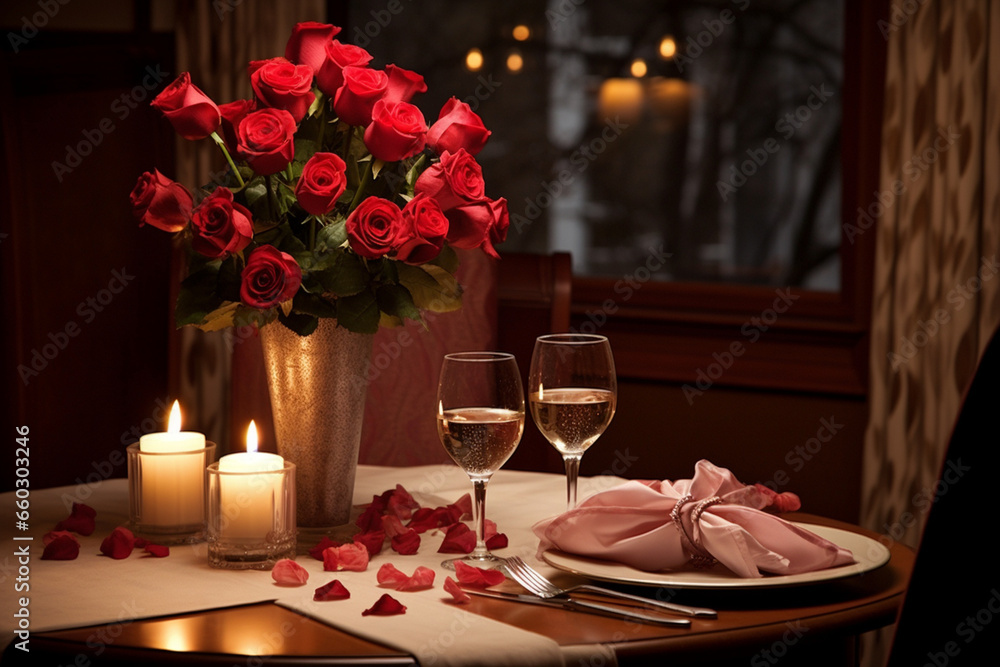 Enchanting Evening: Romantic Dinner Setting Illuminated by Soft Ambient Lighting, Creating Unforgettable Moments Enchanting Evening: Romantic Dinner Setting Illuminated by Soft Ambient Lighting, Creating Unforgettable Moments