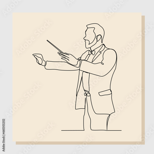 Continuous single line art drawing of music conductor directing concert orchestra performance with stick and notes book. Vector illustration one line sketch of music concept