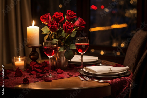 Enchanting Evening: Romantic Dinner Setting Illuminated by Soft Ambient Lighting, Creating Unforgettable Moments