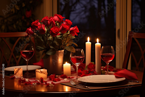 Enchanting Evening: Romantic Dinner Setting Illuminated by Soft Ambient Lighting, Creating Unforgettable Moments