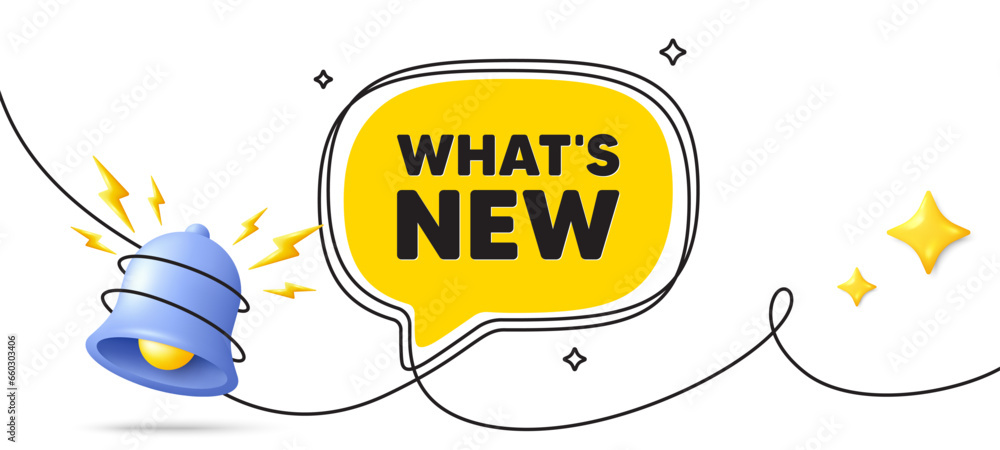 Whats new tag. Continuous line art banner. Special offer sign. New arrivals symbol. Whats new speech bubble background. Wrapped 3d bell icon. Vector
