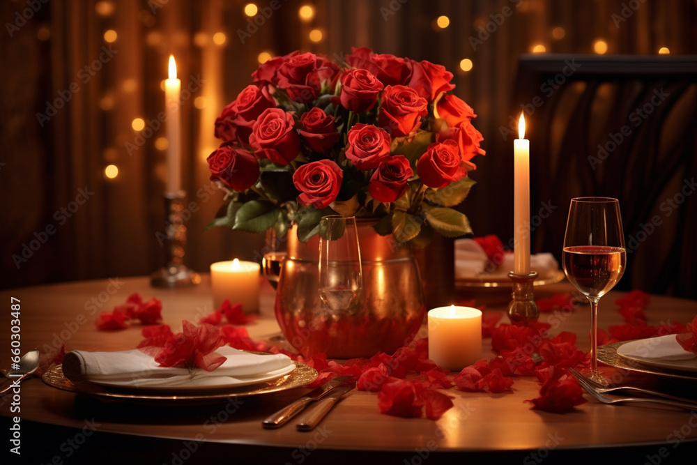Obraz premium Enchanting Evening: Romantic Dinner Setting Illuminated by Soft Ambient Lighting, Creating Unforgettable Moments