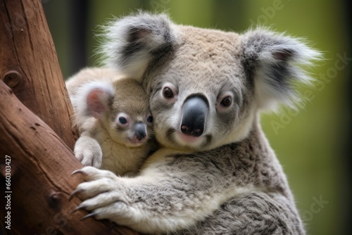 a koala mother with joey clinging to her back