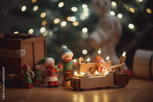 Merry Christmas. Cute Christmas elves putting gifts on Santa's sled. Decorated with a snowman and Christmas gift boxes in front of a decorated fireplace. with bokeh lights.