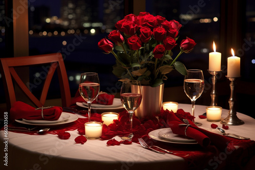 Enchanting Evening  Romantic Dinner Setting Illuminated by Soft Ambient Lighting  Creating Unforgettable Moments