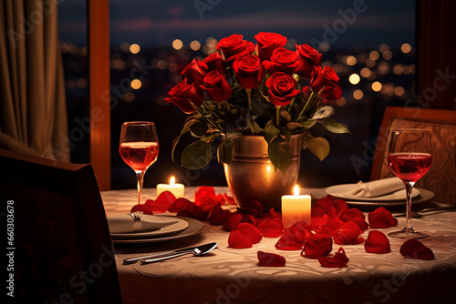 Enchanting Evening: Romantic Dinner Setting Illuminated by Soft Ambient Lighting, Creating Unforgettable Moments