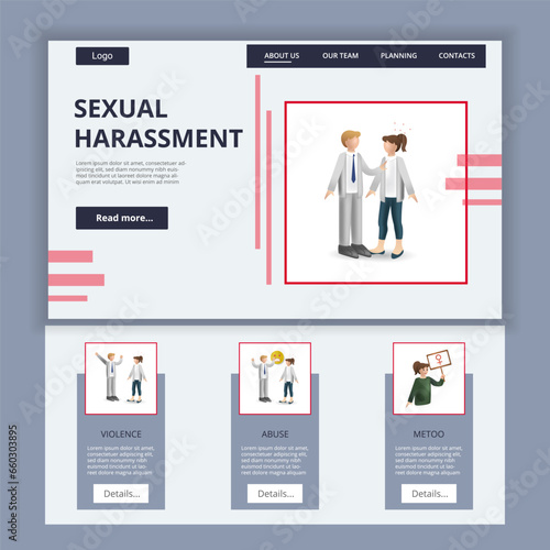 Sexual harassment flat landing page website template. Violence, abuse, metoo. Web banner with header, content and footer. Vector illustration.