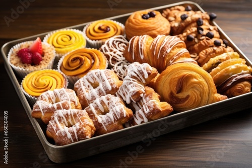 a tray full of assorted danish pastries