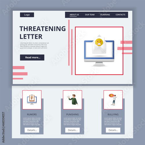 Threatening letter flat landing page website template. Rumors, punishing, bullying. Web banner with header, content and footer. Vector illustration.