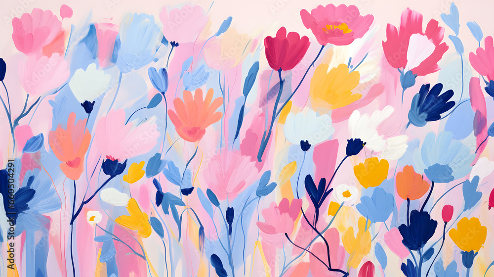 Bright Floral Accents: Abstract Background in Minimalistic Brushstrokes, Childlike Figures, Light Magenta and Indigo, Abstraction-Création, Wild Brushstrokes