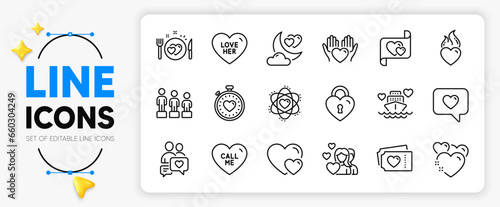 Love message, Equality and Heart line icons set for app include Couple, Heart flame, Heartbeat timer outline thin icon. Love letter, Romantic dinner, Honeymoon cruise pictogram icon. Vector