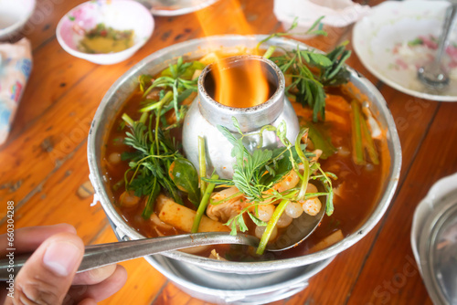Ryukyu Fish spawn Tom Yum with soup, water mimosa is a famous food in Thailand