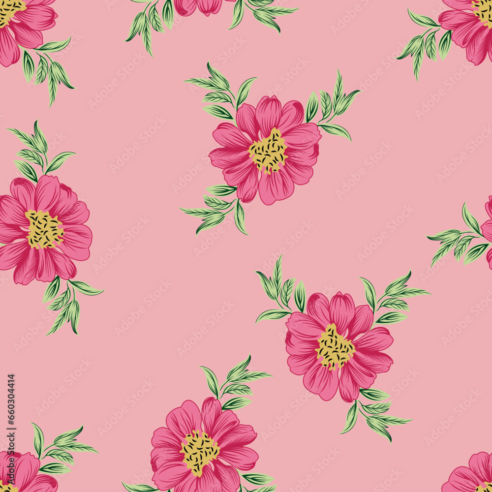 seamless allover vector flower design pattern on pink background 