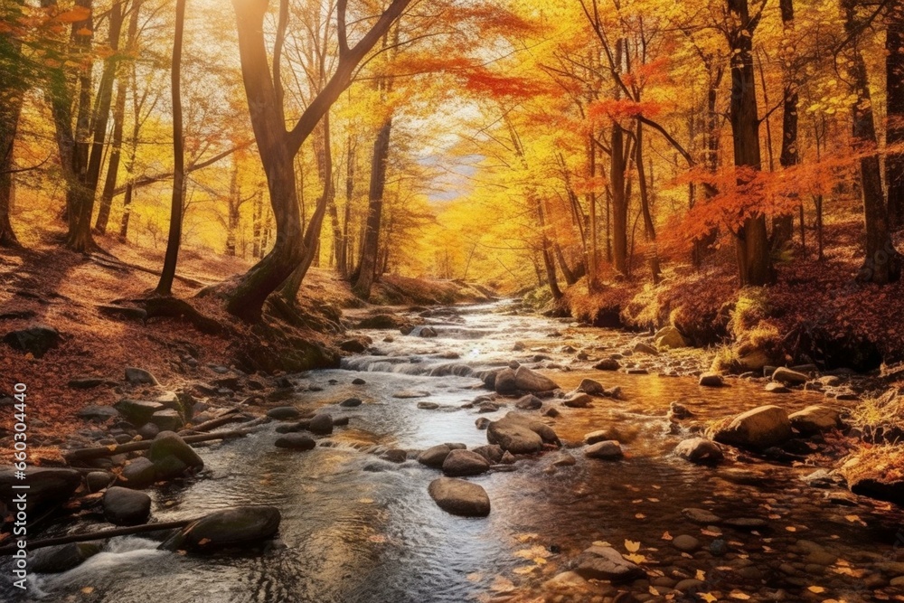 Forest in autumn with colorful fall leaves and flowing river stream. Generative AI