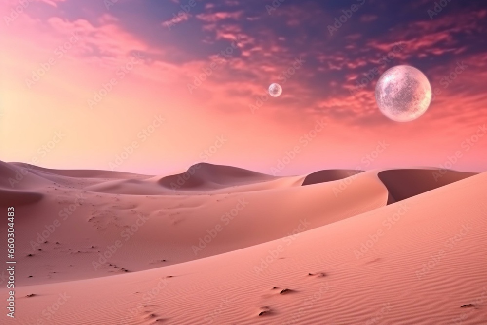 Sandy landscape with dunes and pink starry sky. Serene modern backdrop. Generative AI