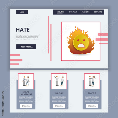 Hate flat landing page website template. Sexual harassment, violence, beating. Web banner with header, content and footer. Vector illustration.
