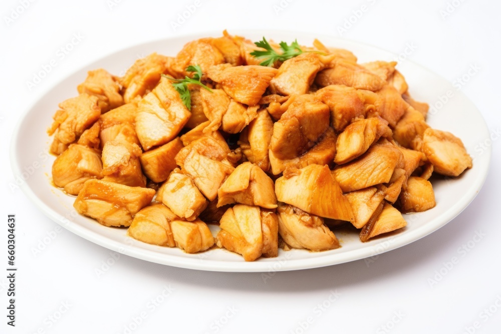cooked chicken pieces arranged on a white dish cooked chicken pieces arranged on a white dish