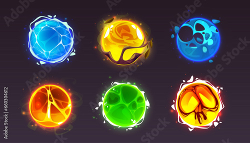 Set of magic energy balls isolated on black background. Vector cartoon illustration of alien planets glowing with blue ice, toxic green color, orange lava, fortunetelling crystals, space game levels