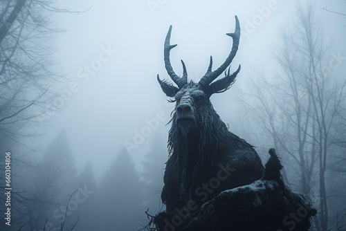 A mythical creature with horns overlooking a misty winter forest. Generative AI © Ayub