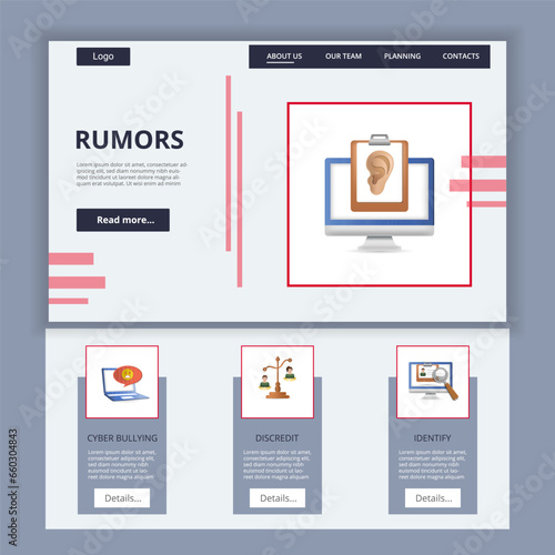 Rumors flat landing page website template. Cyber bullying, discredit, identify. Web banner with header, content and footer. Vector illustration.