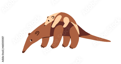 Anteaters family, mom and baby. Mother animal walking, carrying cub on back. Cute funny mommy mammal and little small kid, child. Flat vector illustration isolated on white background