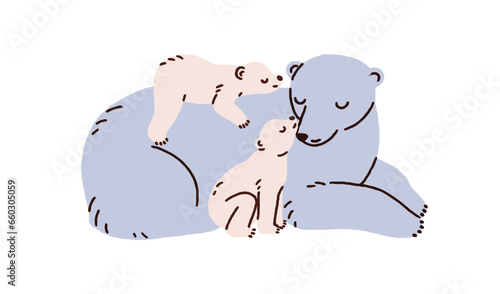 Polar bears family. Cute wild animals, mother and children lying together. Mo...
