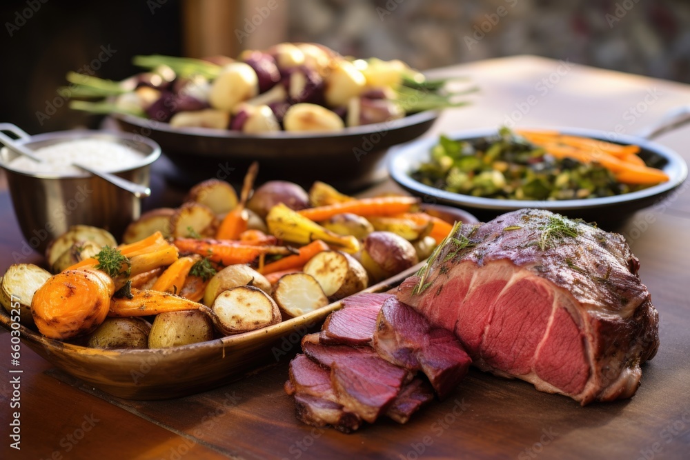 an arrangement of lean meat pieces and roasted veggies