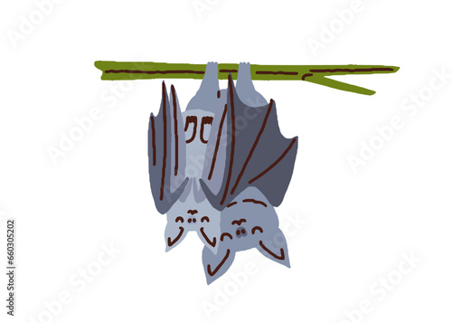 Cute bats hanging and sleeping upside down. Vampire animals family, mother and baby. Funny mom and kid, night creatures couple, asleep. Flat vector illustration isolated on white background
