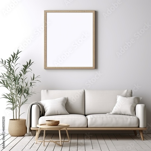 photo frame mockup hanging in the living room over a sofa (generative AI)