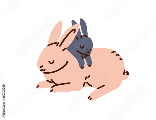 Rabbit mother and cute baby bunny sleeping together. Asleep mom and child hare, funny leveret. Wild forest animal family, mommy and kid. Flat vector illustration isolated on white background