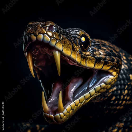 close up portrait of cobra snake isolated on black background, generative ai