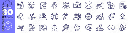 Dont touch, Corn and Washing hands line icons pack. Coronavirus vaccine, Organic tested, First aid web icon. Healthy food, Wash hands, Medical staff pictogram. Dermatologically tested. Vector