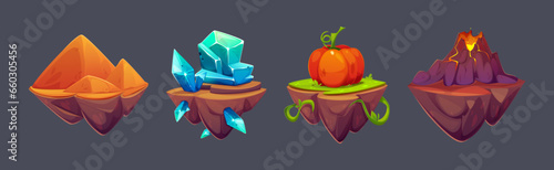 Set of floating island platforms for game ui isolated on black background. Vector cartoon illustration of flying pieces of land with sandy pyramids, diamond crystals, farm pumpkin, volcano eruption