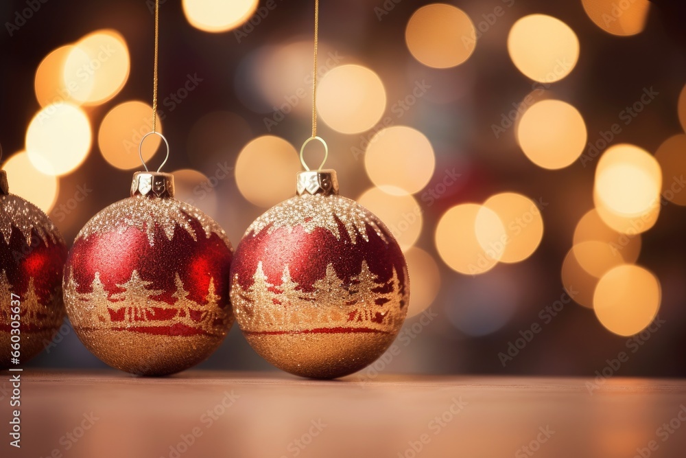 Red and Gold Christmas balls with bokeh lights. Merry Christmas ornaments. Red and Gold Christmas balls with bokeh lights. Merry Christmas ornaments.