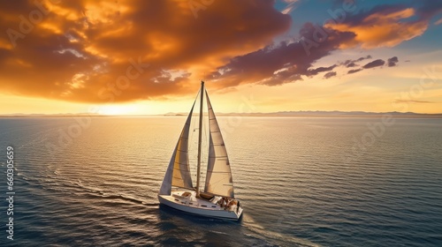 Yacht sailing in an open sea at sunset.