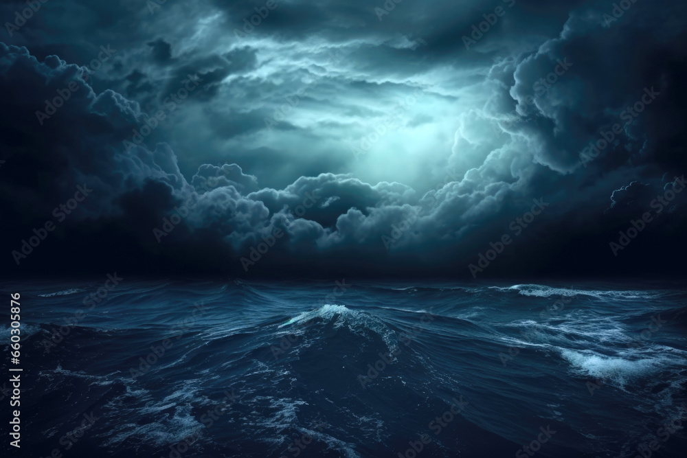 storm over the ocean.horror black blue sky, sea cloud, scary ocean, depression background, mysterious gloomy dark theme, blurred texture