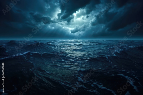 storm over the ocean.horror black blue sky, sea cloud, scary ocean, depression background, mysterious gloomy dark theme, blurred texture © marimalina