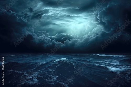 storm over the ocean.horror black blue sky, sea cloud, scary ocean, depression background, mysterious gloomy dark theme, blurred texture