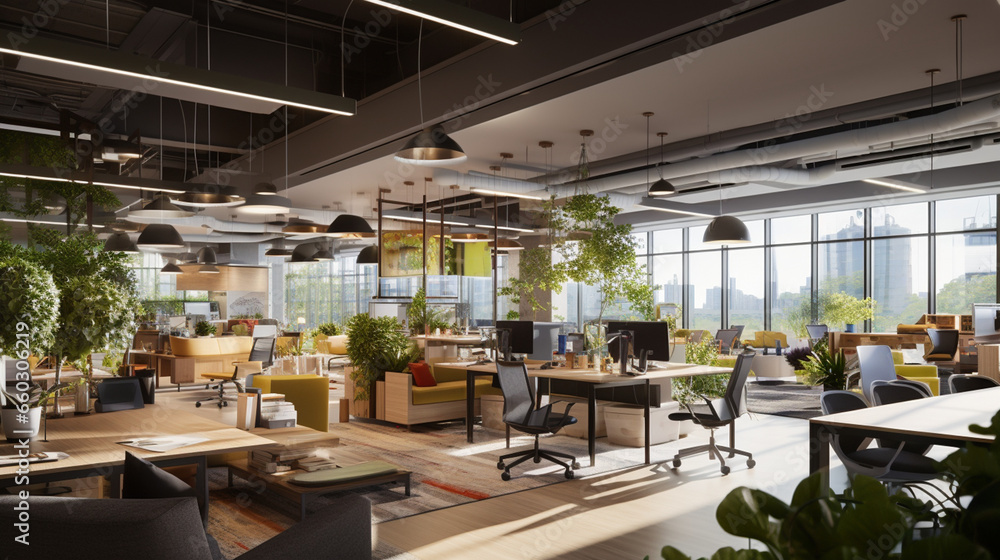 Vibrant Hub of Creativity: Bustling Office Space with Open-Concept Layouts Fostering Collaboration and Innovation Vibrant Hub of Creativity: Bustling Office Space with Open-Concept Layouts Fostering Collaboration and Innovation