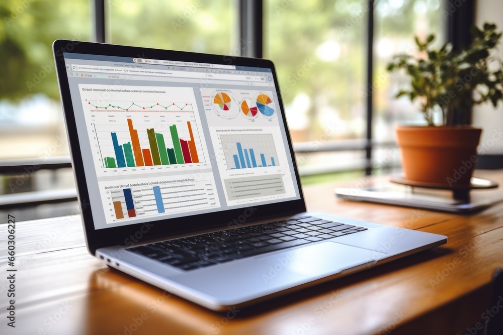 laptop Showing business analytics dashboard with charts, metrics, and KPI to analyze performance and create insight reports for operations management. Data analysis concept - obrazy, fototapety, plakaty 